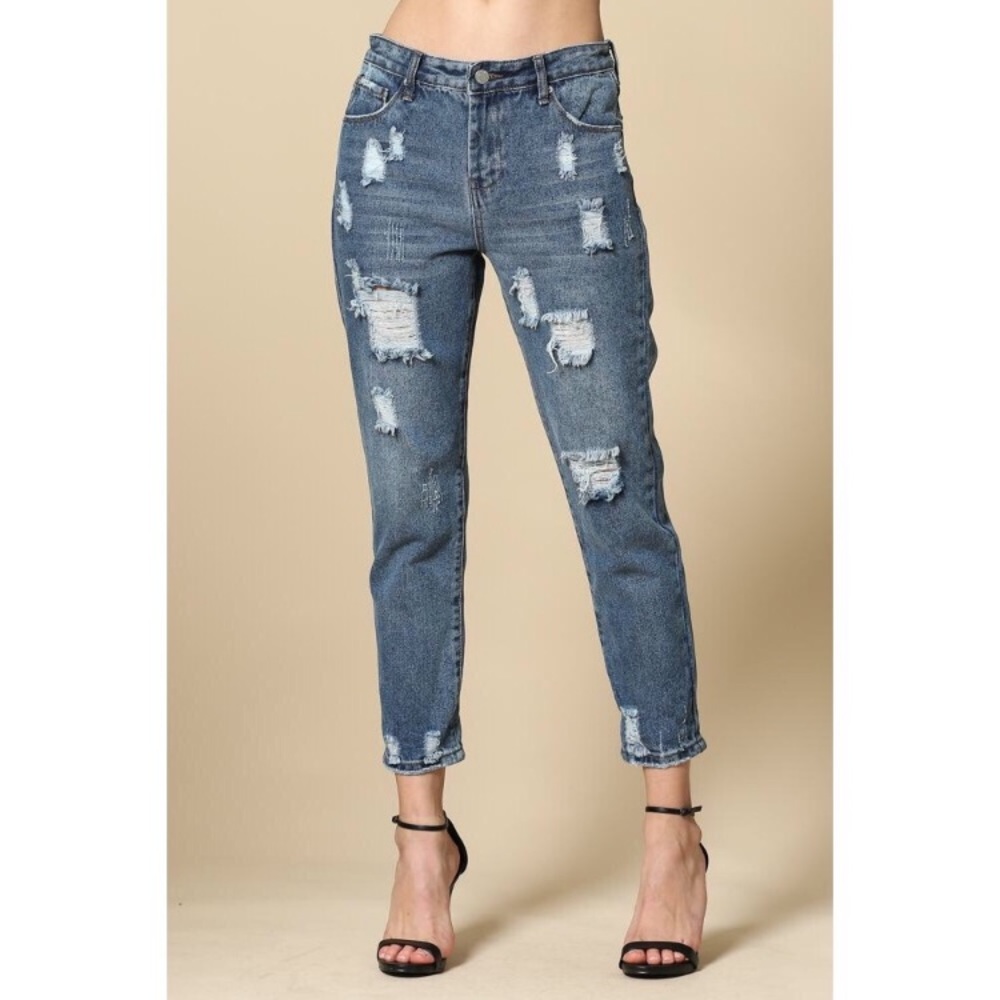 High Waisted Distressed Boyfriend Jeans